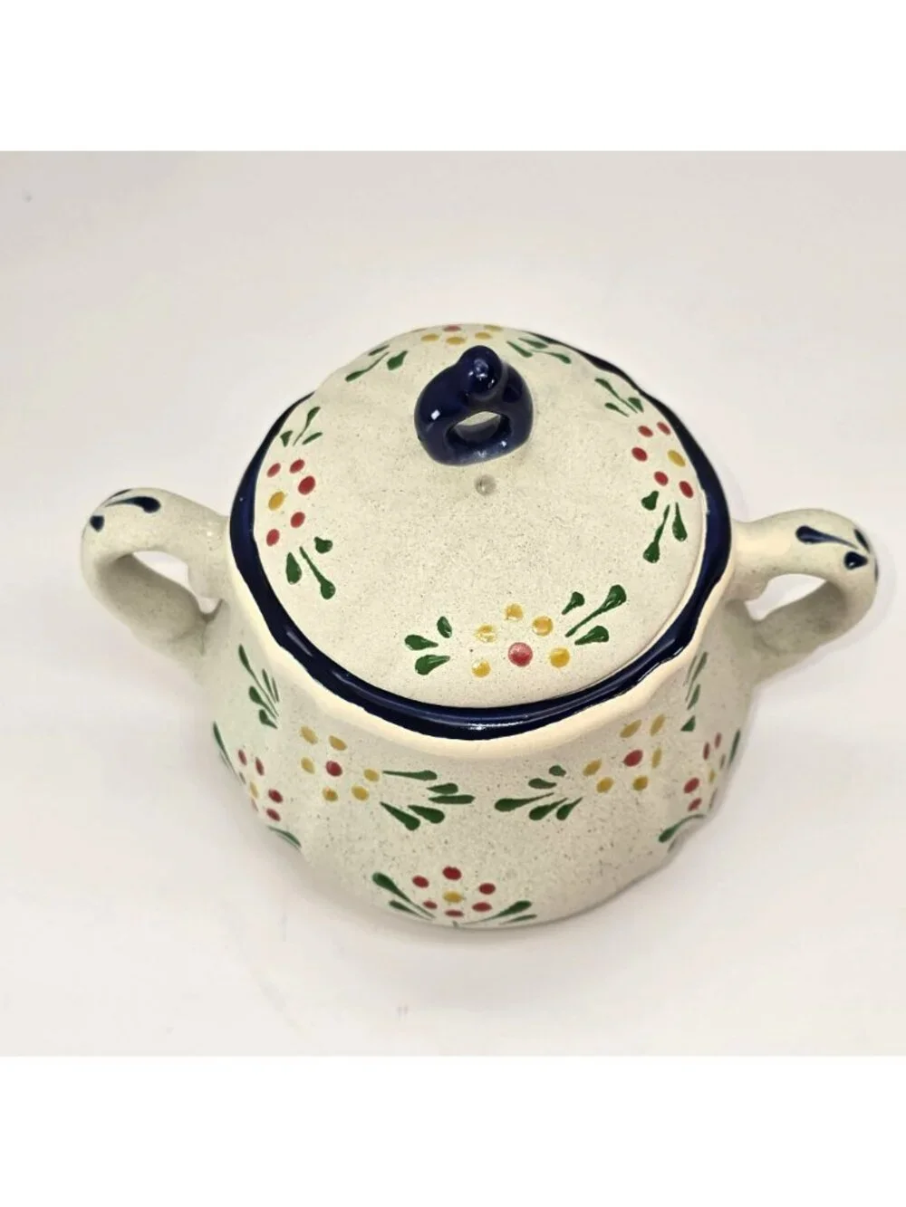 Vintage Floral Ceramic Sugar Bowl With Lid Two Handles Painted Dots CM2351